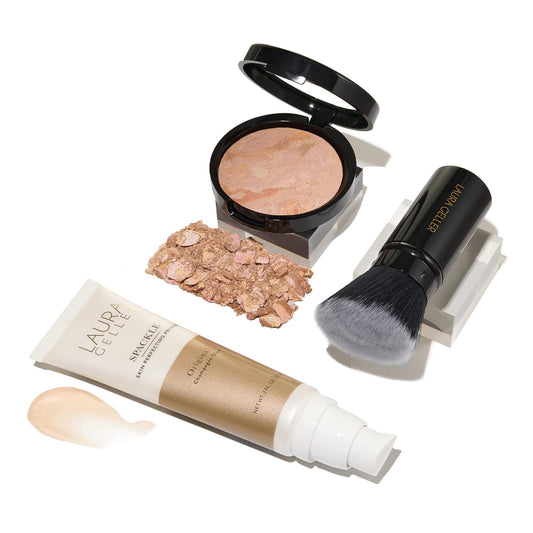 Everyday Routine Kit - Baked Balance-N-Brighten Color Correcting Powder Foundation, Fair + Retractable Angled Kabuki + Spackle Makeup Primer, Champagne Glow (3 PC)